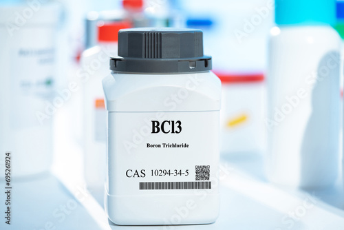 BCl3 boron trichloride CAS 10294-34-5 chemical substance in white plastic laboratory packaging photo