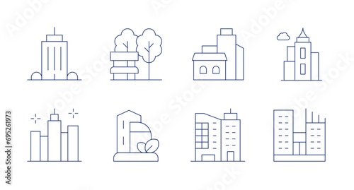 City icons. Editable stroke. Containing office building, park, city, green city, building.