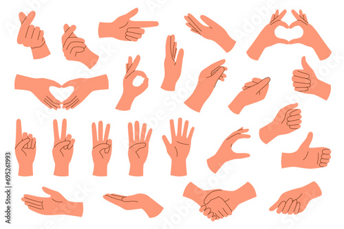 Set of hands with different gestures isolated on white background.	
