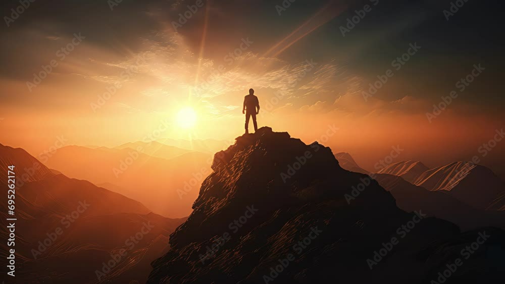 	
silhouette of man on top of mountain peak at sunset. Created with generative AI.	
