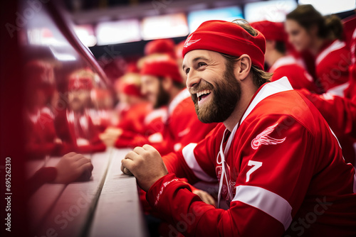 Smiling male fan on the tribune of a hockey stadium photo
