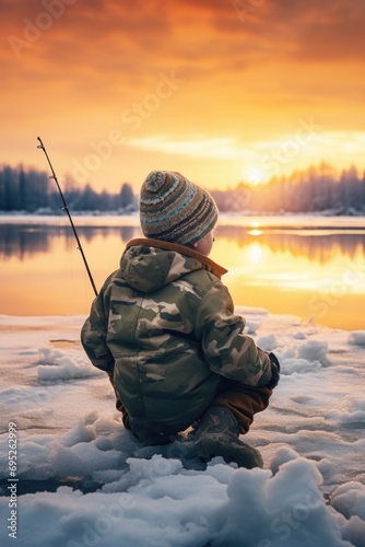 A little boy sitting on the edge of a frozen lake, holding a fishing rod. Perfect for winter activities and outdoor adventures