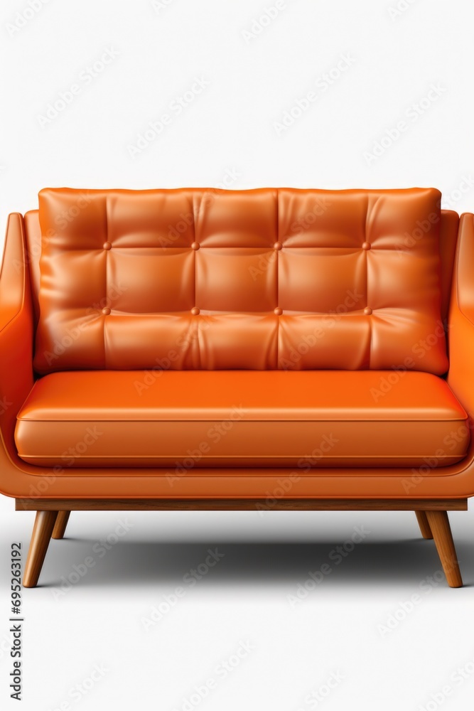 An orange leather couch with wooden legs, perfect for modern interior design