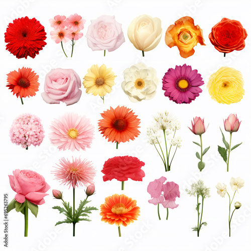 Set of different beautiful flowers on white background  AI Generative.
