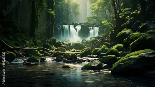 A tranquil forest scene with a pristine waterfall gently streaming down moss-covered rocks, harmonizing nature's beauty with liquid grace photo