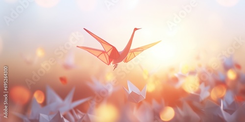 A bird gracefully soaring over a field filled with colorful origami creations. Perfect for adding a touch of whimsy and creativity to any project photo