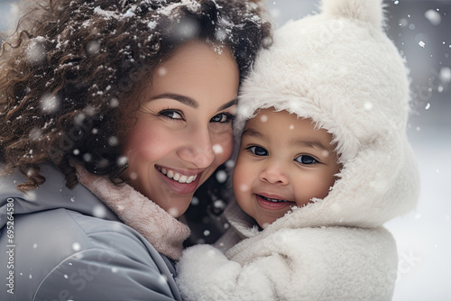 Mum holds baby in snowy park, love-filled family outing, Christmas joy in winter wonderland. © Iryna