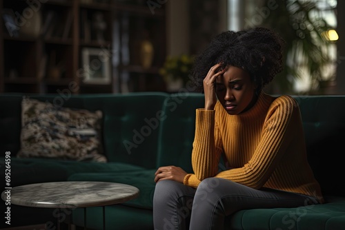A tired and sick black woman at home, sits on a couch, expressing despair and sorrow.