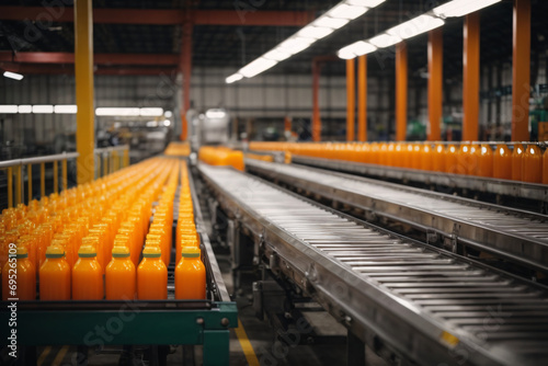 Conveyor belt with bottles of orange juice at a modern factory