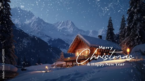 Winter landscape with snowfall and smoke with a cozy cabin nestled at base of large mountain. Merry christmas greeting animation. photo