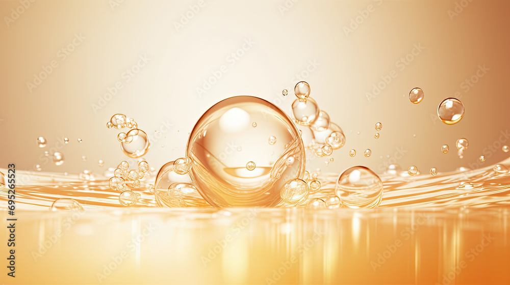 Golden yellow abstract oil bubbles or face serum background. Oil and water bubbles .golden yellow Bubbles oil or collagen serum for cosmetic product,  - obrazy, fototapety, plakaty 