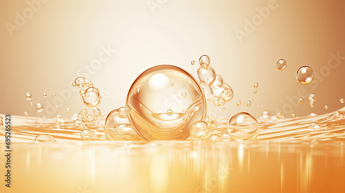 Golden yellow abstract oil bubbles or face serum background. Oil and water bubbles .golden yellow Bubbles oil or collagen serum for cosmetic product,  photo