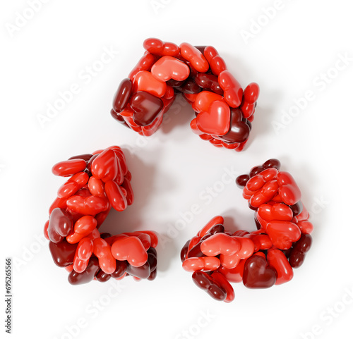 3d rendering recycle sign made of love hearts isolated on a white background