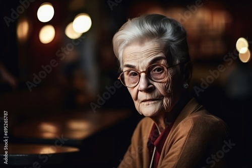 Elderly lady with eyeglasses in cafe. Senior lady sitting in restaurant. Generate ai
