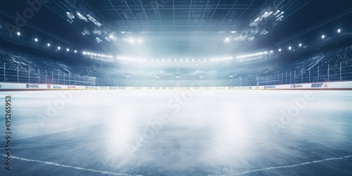 An empty ice rink illuminated by shining lights. Perfect for winter sports or holiday-themed designs