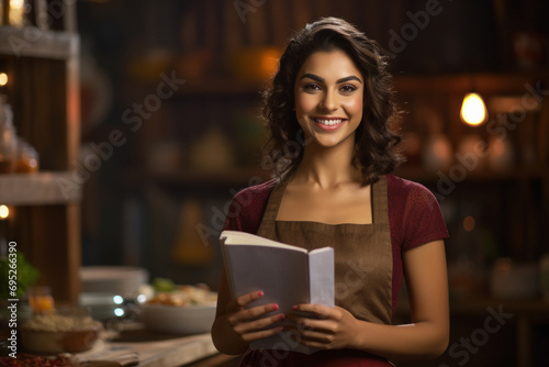 Indian woman standing in the kitchen holding a recipe book