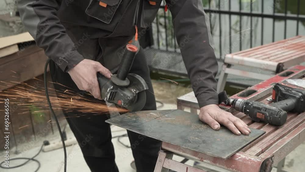 Worker cutting metal tube using an Angle Grinder. Bright sparks and flashes