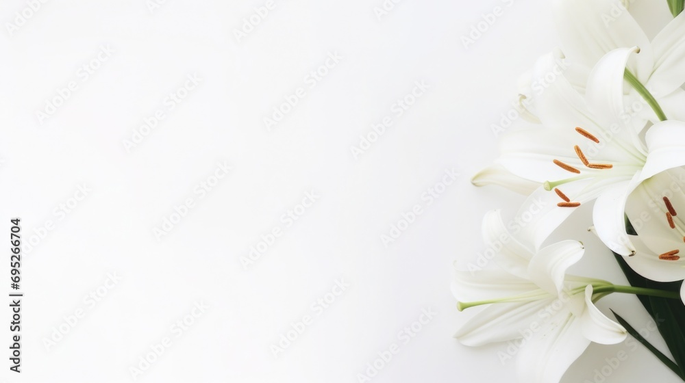 Background of many snow-white lilies. Spring Easter floral design. Copy space