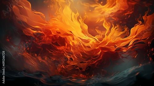 A close-up shot capturing the fusion of fiery red and golden liquid flames, creating a mesmerizing and dynamic display in a surreal environment