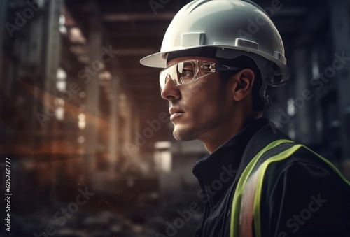 Engineer facing large industry. Industrial worker with safety helmet and glasses. Generate ai © nsit0108