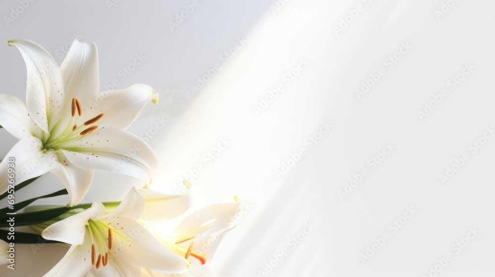 Fototapeta premium Background of many snow-white lilies. Spring Easter floral design. Copy space