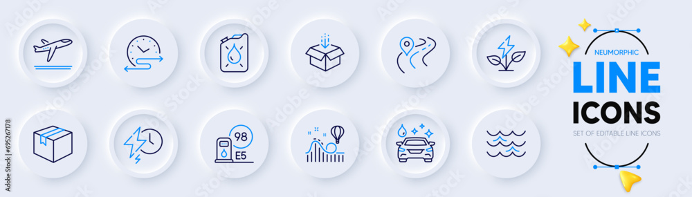 Petrol station, Parcel and Get box line icons for web app. Pack of Roller coaster, Departure plane, Waves pictogram icons. Time schedule, Eco power, Charging time signs. Road, Car wash. Vector