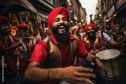 Sikh religious people celebrating traditional festival lohri, dancing