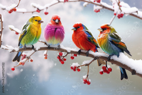 Colorful birds group sitting on tree branch in the snowfall