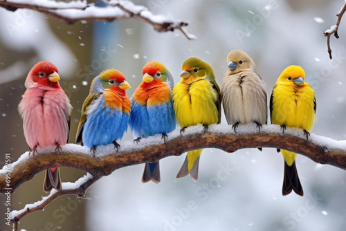 Colorful birds group sitting on tree branch in the snowfall © Neha