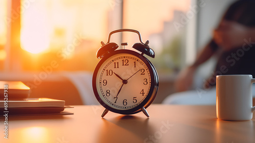The concept of deadline. Alarm clock on employee background 