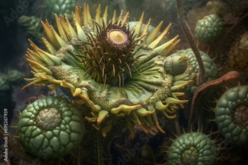 Extraterrestrial alien flora closeup. Enigmatic unearthly green vegetation plant. Generate ai