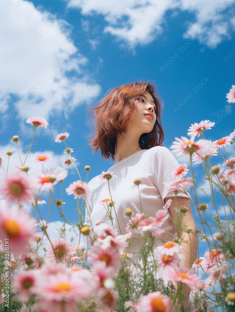 Serene woman in a flower field, basking in the summer sun with a backdrop of blue skies and white clouds