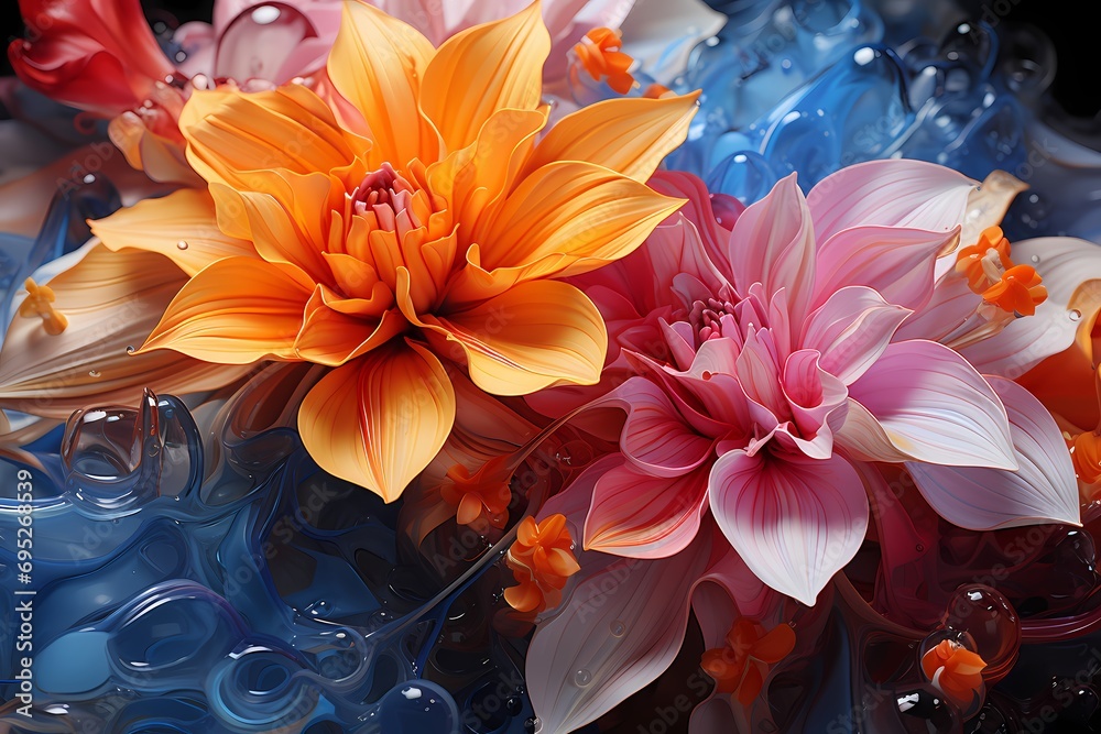 A close-up view of liquid colors blending and swirling, resembling the delicate petals of a flower unfurling
