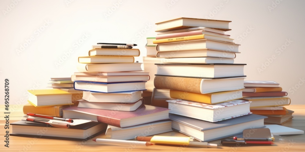 A pile of books sitting on top of a wooden table. Perfect for educational or library themes A pile of books sitting on top of a wooden table. Perfect for educational or library themes