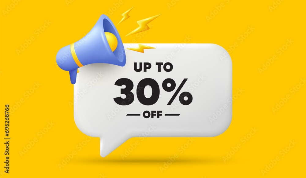 Up to 30 percent off sale. 3d speech bubble banner with megaphone. Discount offer price sign. Special offer symbol. Save 30 percentages. Discount tag chat speech message. 3d offer talk box. Vector - obrazy, fototapety, plakaty 