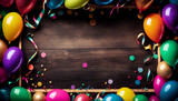Frame with balloons, Colorful carnival or party frame of balloons, streamers and confetti on rustic wooden board background, Ai generated image