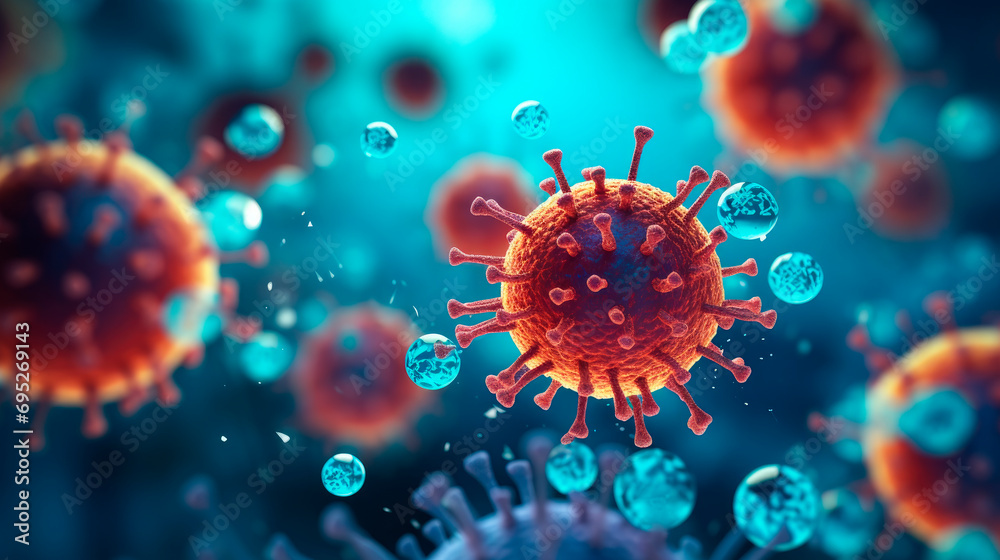 Close-up of virus cells or bacteria. Virus infected blood cells. Close-up of virus cells or bacteria. Virus infected blood cells.