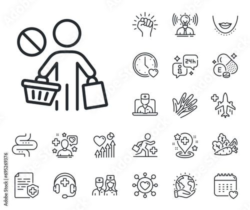 No panic buying sign. Online doctor, patient and medicine outline icons. Stop shopping line icon. Man with shopping cart symbol. Stop shopping line sign. Vector
