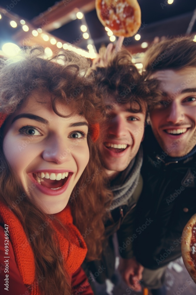 A group of people capturing a fun moment as they take a selfie with a delicious pizza. Perfect for social media and food-related content