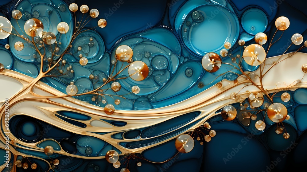 A delicate and intricate pattern emerges from a liquid-like background, with hues of gold and blue intertwining like oil droplets suspended in water