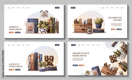 Set of web pages with books, potted plants, baskets. Bookstore, bookshop, book lover, reading, interior concept. Vector illustration for website, banner, promo.