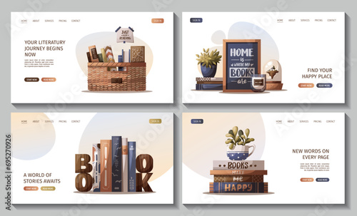 Web design with books, potted plants and bookish poster. Bookstore, bookshop, book lover, reading, library concept. Vector illustration for website, banner, promo.