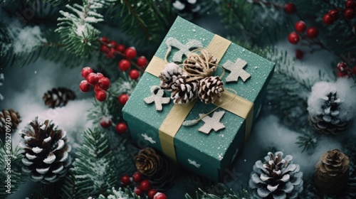 A green gift box surrounded by pine cones and red berries. Perfect for holiday gifting or festive decorations