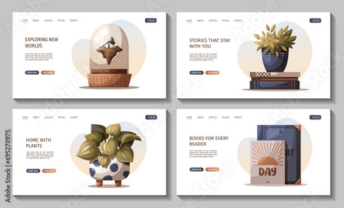 Web page with glass dome,  books and potted plants. Bookstore, bookshop, book lover, reading, interior concept. Vector illustration for banner, website, poster.