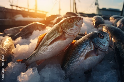 A group of fish sitting on top of a pile of ice. Perfect for winter or seafood related designs photo