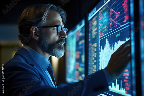 male financial analyst expert examining stock ticker displays