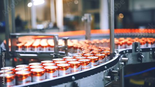 Fényképezés Conveyor line carrying thousands aluminum beverage cans at factory