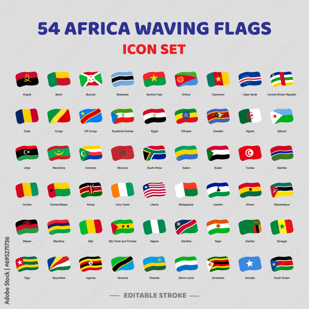 Africa national waving flags. Official African country signs with names, and countries' flag banners. Cute Style Vector Illustration. Africa national waving flags. Official African country signs with names, and countries' flag banners. Cute Style Vector Illustration.