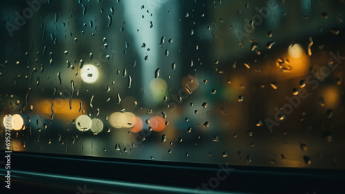 window view from a bus driving away from rainy city, AI Generative. photo