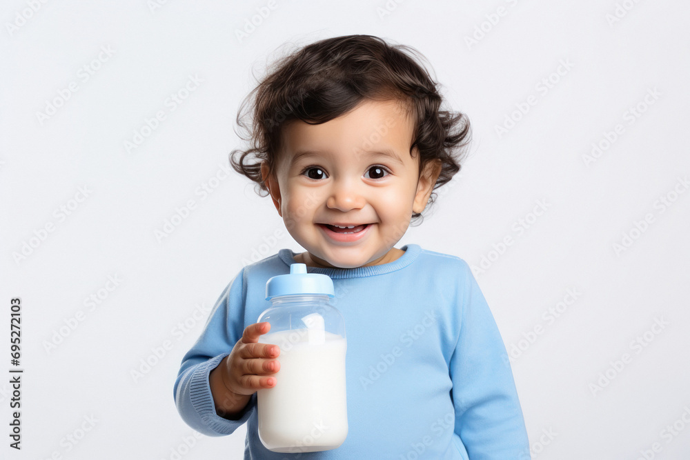 Cute little boy drinking milk with bottle on white background Cute little boy drinking milk with bottle on white background